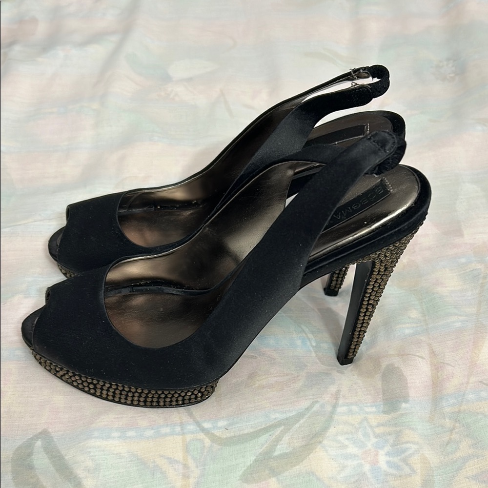 BCBG Max Azria Elegant Black satin Peep-Toe Heels with gems on heel. Size 7